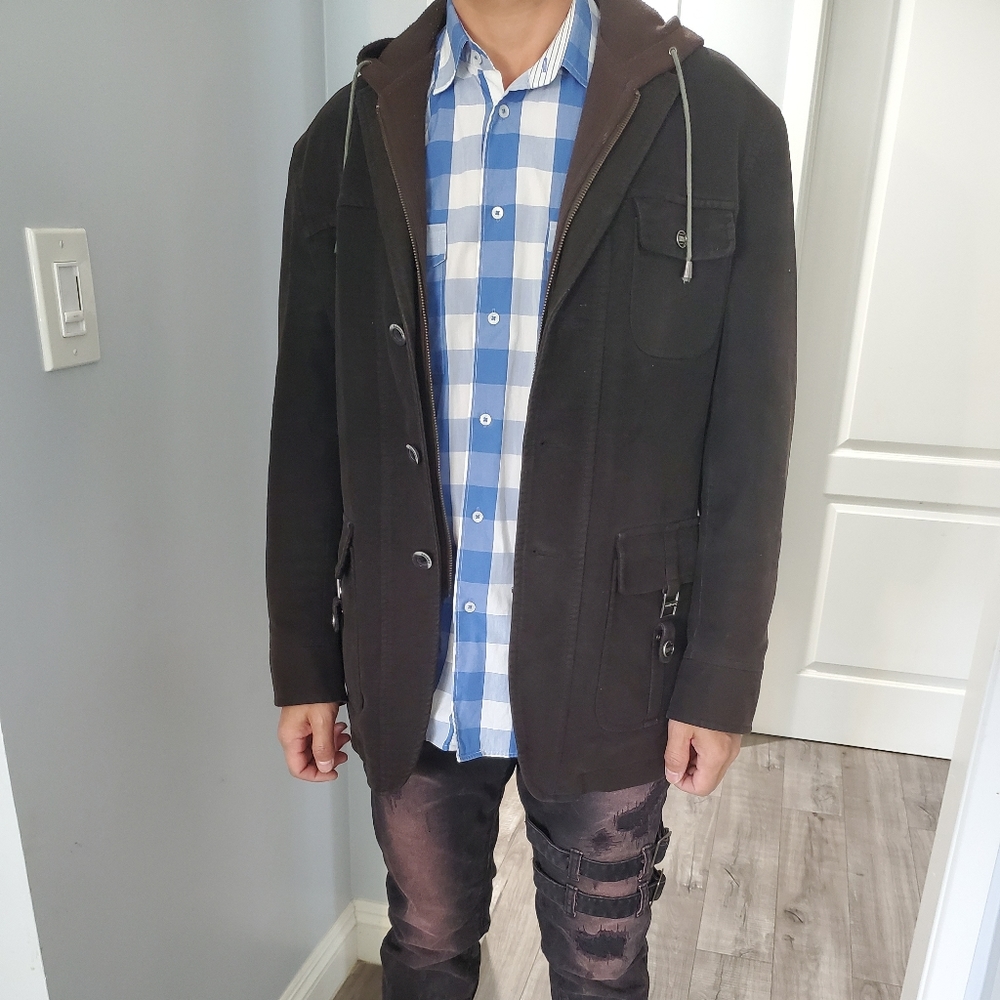 Men jacket, size small, with hoodie, looks young